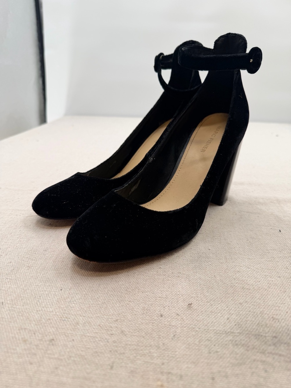 Marc Fisher Black Velvet Ankle Strap Block Heel Pumps